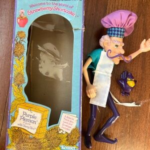 Vintage Strawberry Shortcake Purple Pieman Figure with Berry Bird and Box
